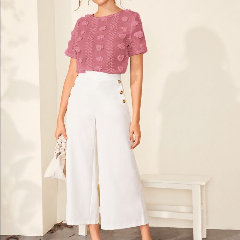 Solid Stereo Flowers Keyhole Back Blouse - image 2